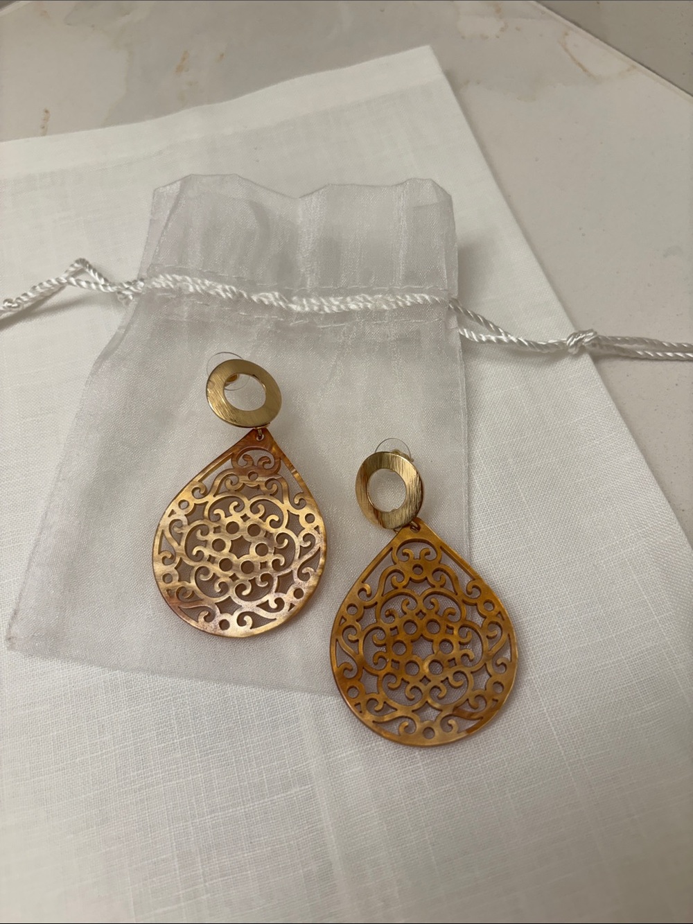 Gold/ caramel Filigree Teardrop Earrings